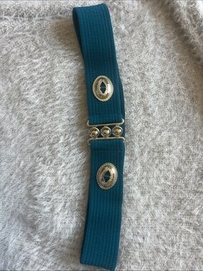 Vintage Teal Stretch Waist Belt Silver Southwestern Buckle Boho Western